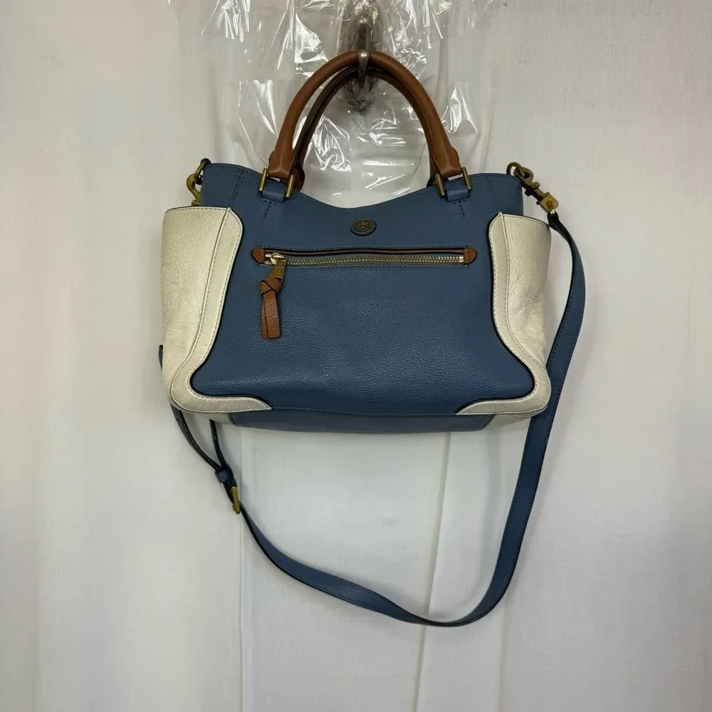 Tory Burch Frances Leather Satchel Tote in Comet Blue w/ White and Brown Trim